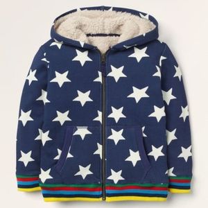 Mini Boden shaggy lined zip up hoodie college navy stars size 6-7y
